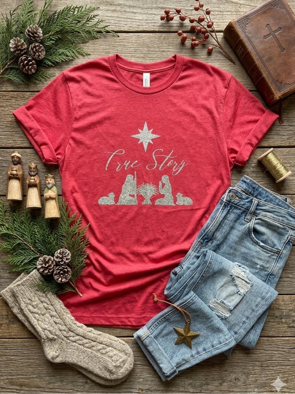 NWOT True Story Jesus Stable Christmas Glitter Silver Tee Shirt Short Sleeve